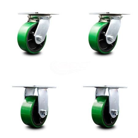 5 Inch Green Poly On Cast Iron Caster Set With Ball Bearings 2 Swivel 2 Rigid